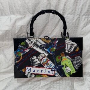 Choice Made Cigar Box Purse Martini Theme Black Faux Bamboo Handles Black Beaded